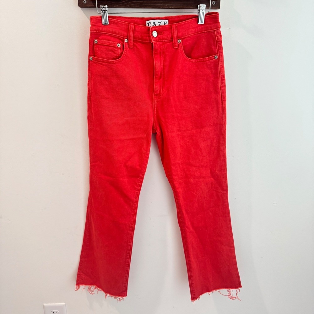 Daze Denim Just Right High Rise Straight Leg Jeans Cherry Red Raw Hem Size 27